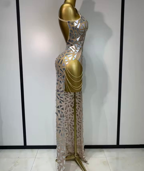 Women Sexy Sleeveless Chain Mirror Mesh Maxi Dress