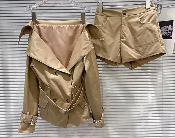 Women Fashion Khaki Full Sleeve Blazer Two Piece Short Set
