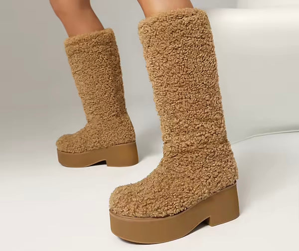 Women Fashion Furry Fleece Platform Knee High Boots