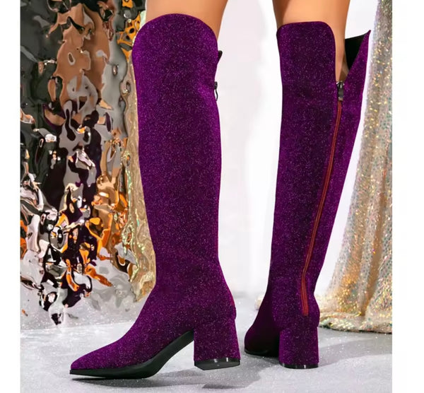 Women Purple Sparkly Fashion Knee High Boots