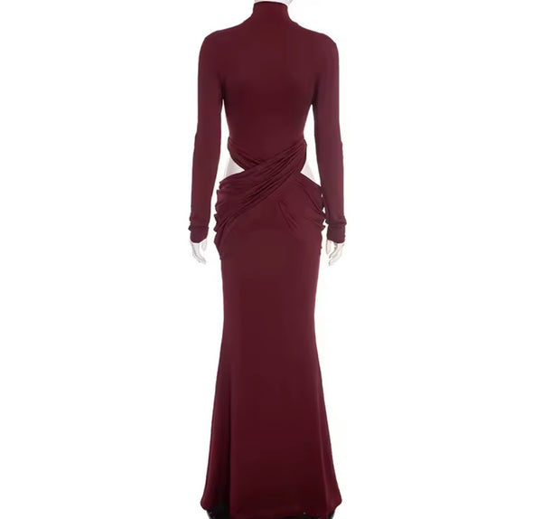 Women Sexy Burgundy Full Sleeve Cut Out Maxi Dress