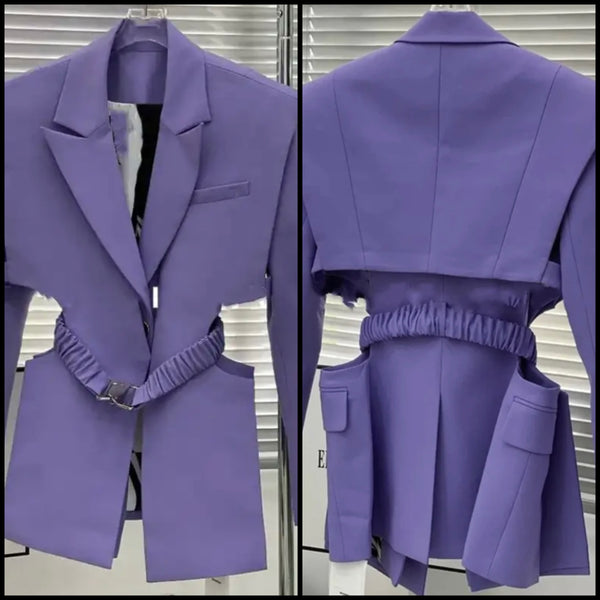 Women Purple Belted Fashion Blazer Top