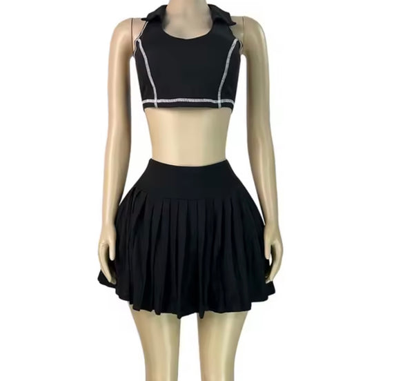 Women Striped Collar Sleeveless Crop Two Piece Pleated Skirt Set