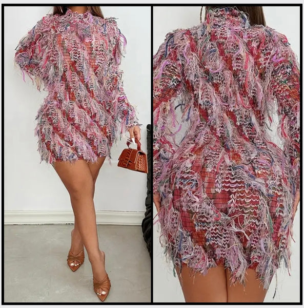 Women Sexy Printed Fringe Full/Sleeveless Dress