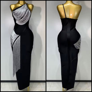 Women Black Sleeveless Sexy Silver Tassel Maxi Dress