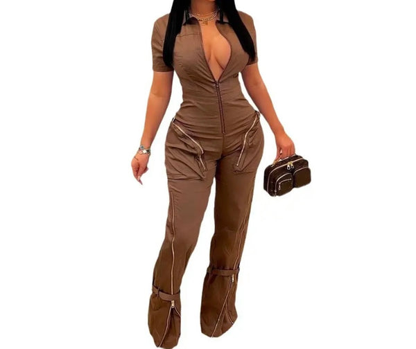 Women Fashion Short Sleeve Zipper Jumpsuit