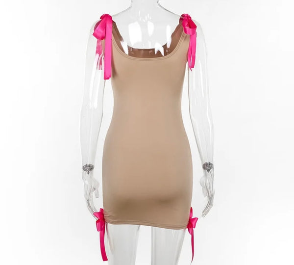 Women Sexy Sleeveless Khaki Pink Bow Dress
