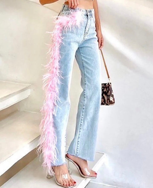 Women Fashion Faux Fur Patchwork Denim Pants