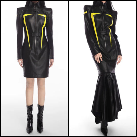 Women Fashion Color Patchwork Detachable Faux Leather Dress