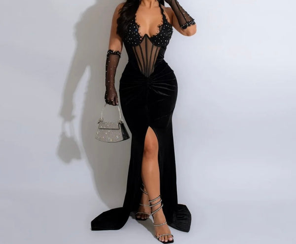 Women Sexy Halter Sleeveless Bling Mesh Patchwork Glove Velour Maxi Dress