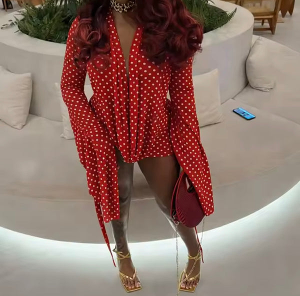 Women Sexy Draped V-Neck Full Sleeve Polka Dot Mesh Dress
