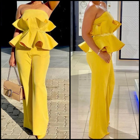 Women Yellow Sexy Strapless Ruffled Two Piece Pant Set