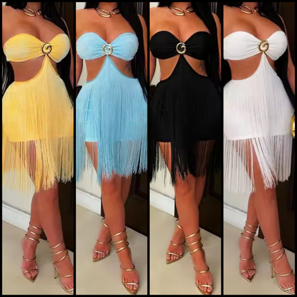 Sexy Strapless Open Back Cut Out Fringe Tassel Dress