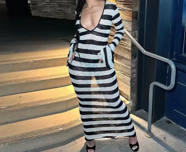 Women Sexy B&W Ribbed Full Sleeve See Through Maxi Dress