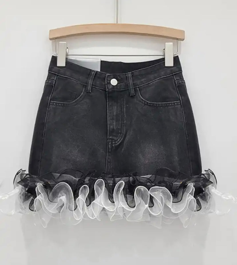 Women Fashion Ruffled Mesh Denim Skirt