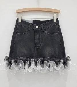Women Fashion Ruffled Mesh Denim Skirt