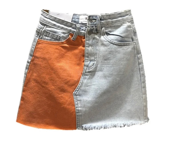 Women Fashion Fringe Color Patchwork Denim Skirt