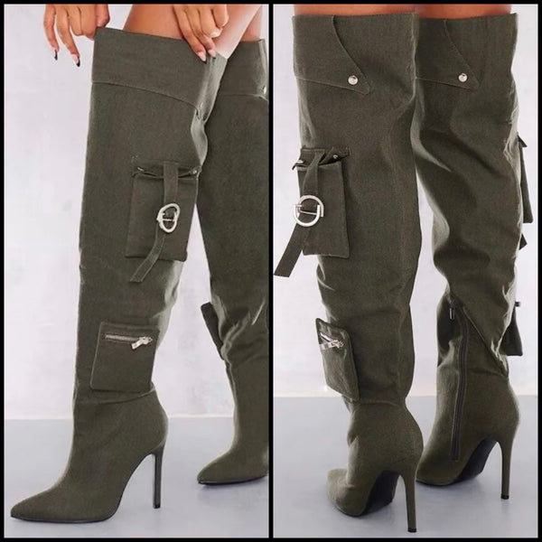 Women Fashion Zipper Buckled Pocket Over The Knee Boots