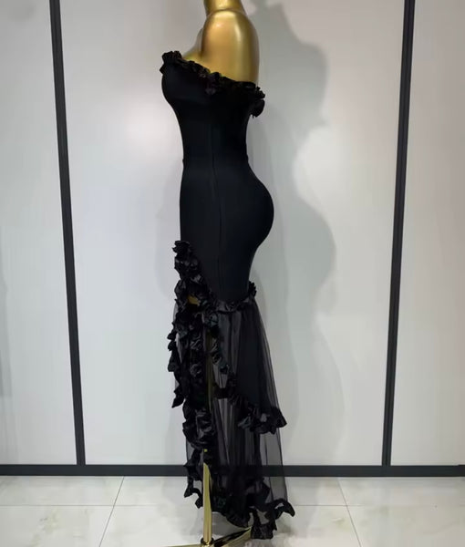 Women Black Ruffled Strapless Mesh Patchwork Maxi Dress