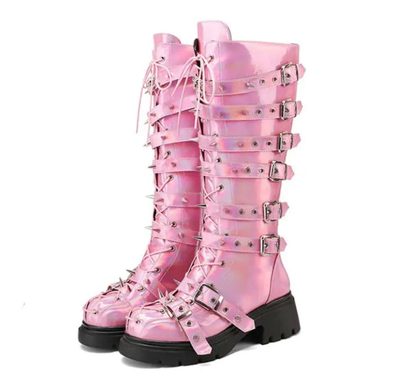 Women Fashion Platform Buckled Lace Up Knee High Boots