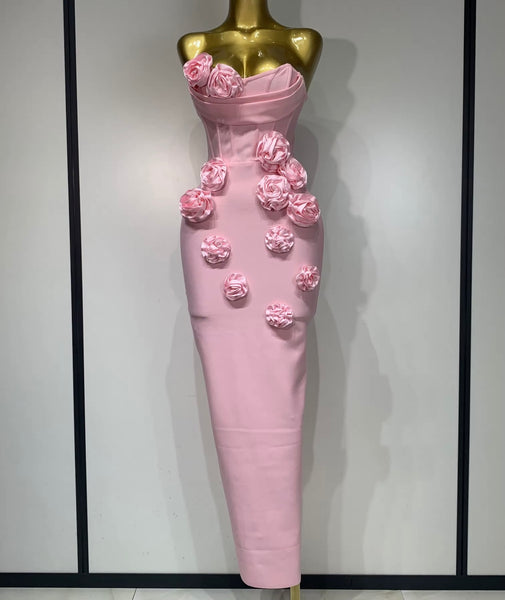 Women Strapless 3D Floral Sexy Bandage Maxi Dress