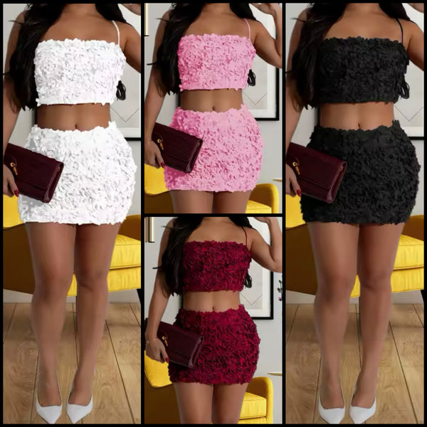 Women Sexy Sleeveless 3D Floral Two Piece Skirt Set