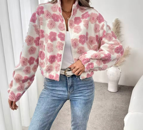 Women Zip Up Pink Floral Fashion Jacket
