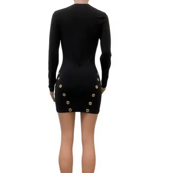 Women Sexy Metal Ring Cut Out Full Sleeve Black Dress