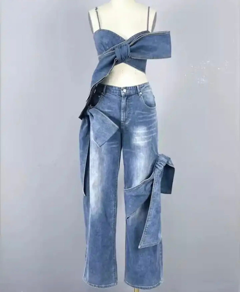 Women Sexy Fashion Sleeveless Tie Up Denim Two Piece Pant Set