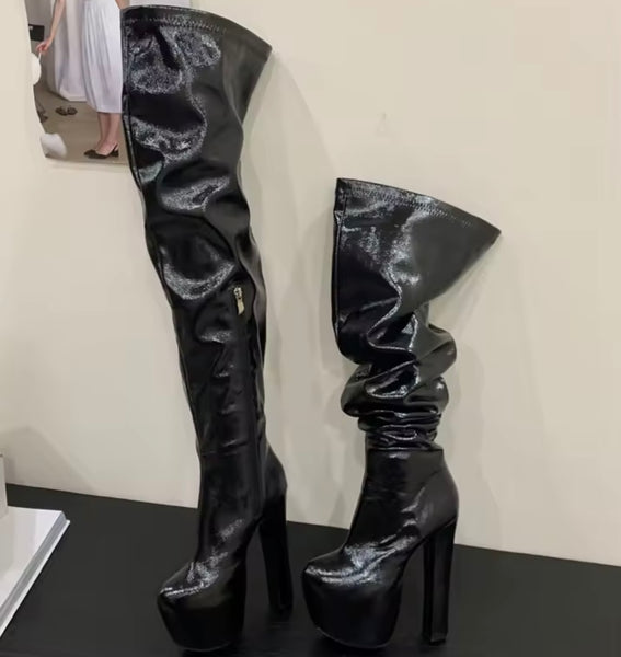 Women Round Toe Patent Leather Over The Knee Ruched Platform Boots