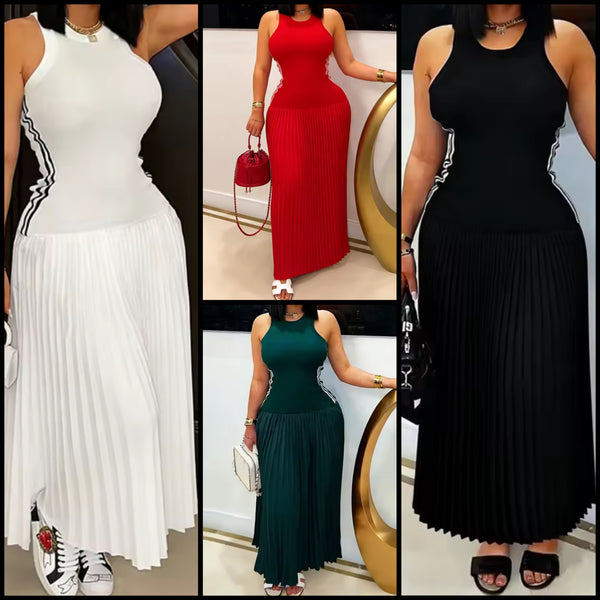 Women Sexy Sleeveless Side Striped Pleated Maxi Dress
