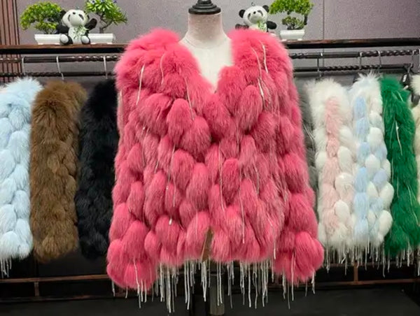 Women Fashion Faux Fur Bling Tassel Jacket