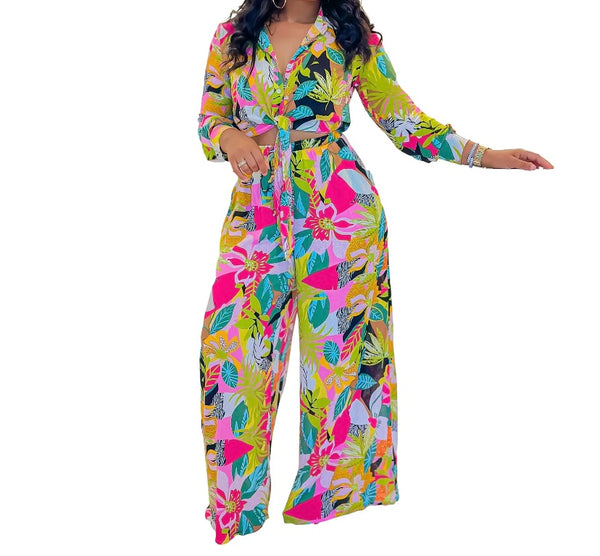 Women Fashion Button Up Floral Full Sleeve Two Piece Pant Set