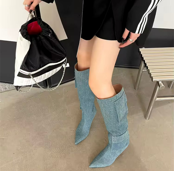 Women Pocket Fashion High Heel Knee High Boots