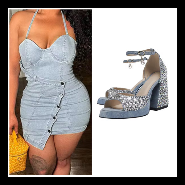 Women Sexy Halter Sleeveless Button Denim Dress