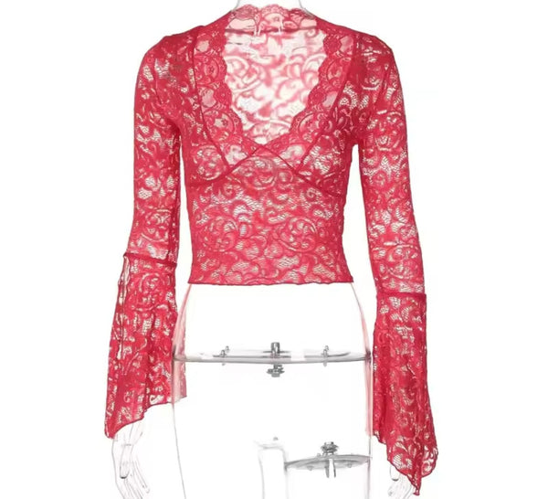 Women Color Lace V-Neck Full Sleeve Crop Top