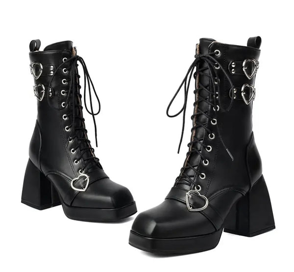 Women Fashion Heart Lace Up Platform Ankle Boots