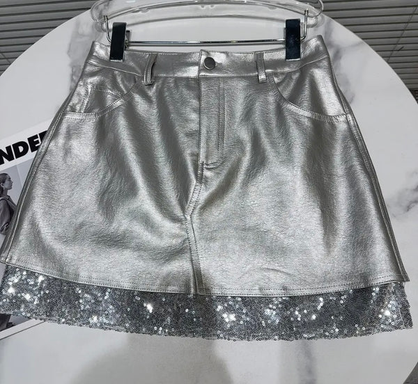 Women Fashion Silver Sequins Patchwork Faux Leather Skirt