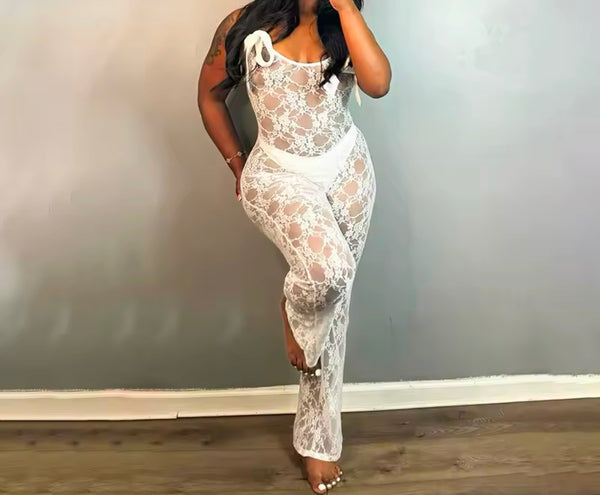 Women Sexy Bow Sleeveless Lace Jumpsuit