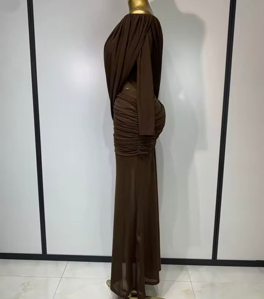 Women Off The Shoulder Ruched Full Sleeve Sexy Maxi Dress
