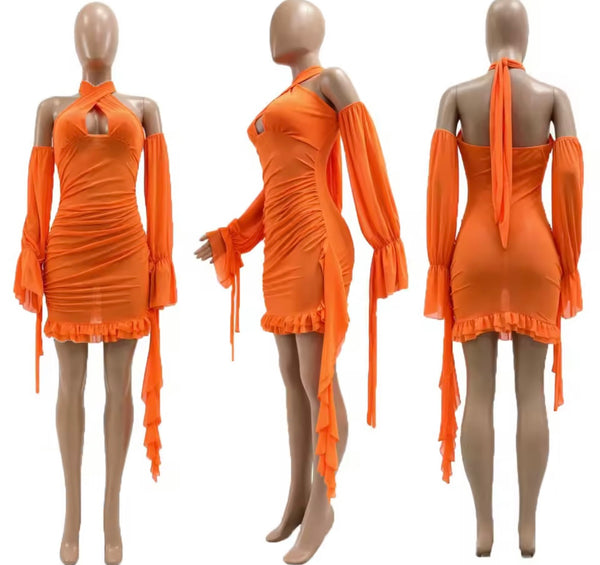 Women Sexy Halter Sleeveless Ruffled Mesh Dress