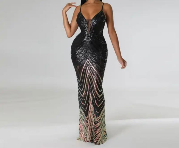 Women Sexy Sleeveless Sequins Gradient Maxi Dress