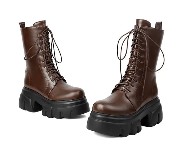 Women Fashion Platform Lace Up Faux Leather Ankle Boots