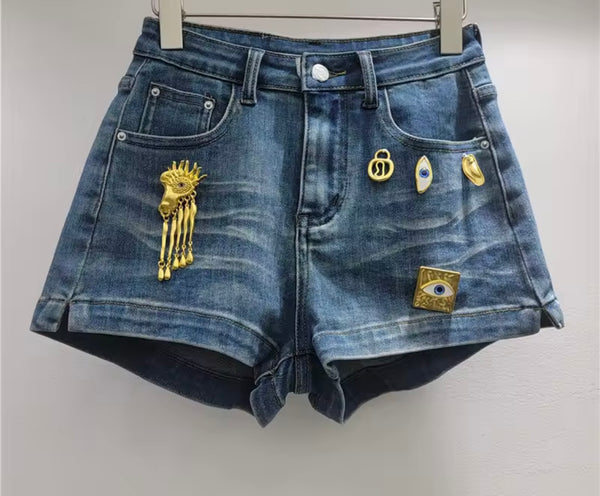 Women Blue Fashion Gold Metal Denim Shorts