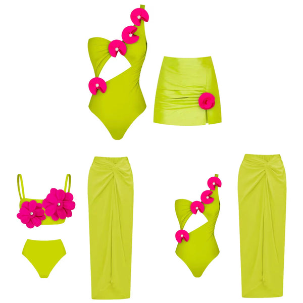 Women Sexy One Shoulder/Sleeveless Green Floral Swimsuit Cover Up Set