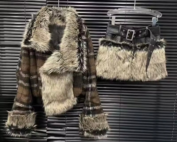 Women Faux Leather Reversible Plaid Fur Two Piece Skirt Set
