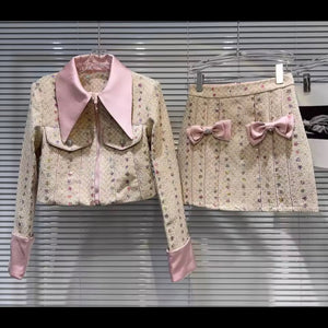 Women Sequins Bow Full Sleeve Blazer Two Piece Tweed Skirt Set