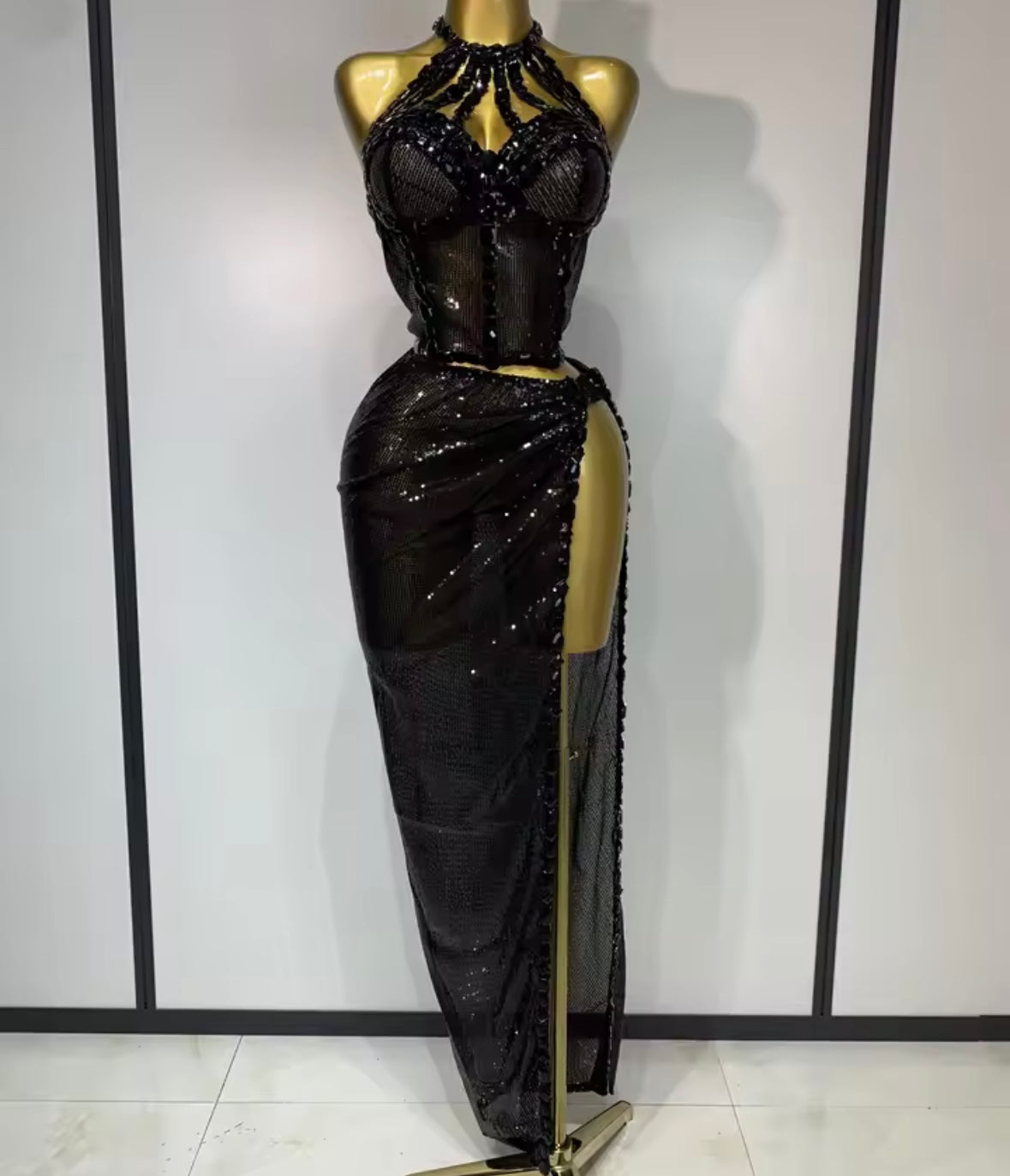Women Sexy Halter Sleeveless Sequins Crystal Two Piece Maxi Skirt Set