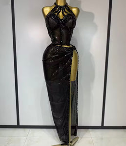 Women Sexy Halter Sleeveless Sequins Crystal Two Piece Maxi Skirt Set