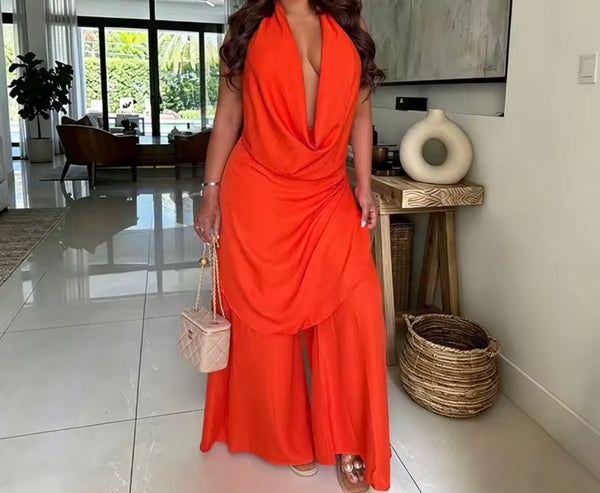 Women Sexy Halter Draped Sleeveless Two Piece Pant Set